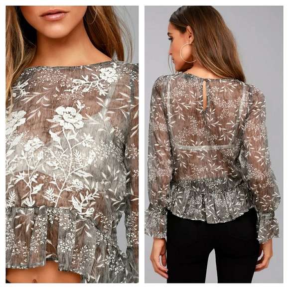 Lulus whispering winds gray floral embroidered top - Picture 2 of 9